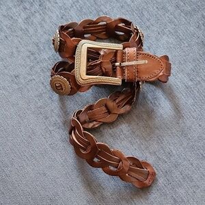 Braided genuin brown braided leather belt with silver tone details sz M